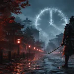 Samurai em uma rua japonesa sob chuva e lanternas, representando a duração da campanha de Onimusha Way of the Sword