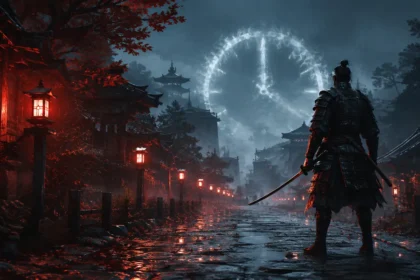 Samurai em uma rua japonesa sob chuva e lanternas, representando a duração da campanha de Onimusha Way of the Sword