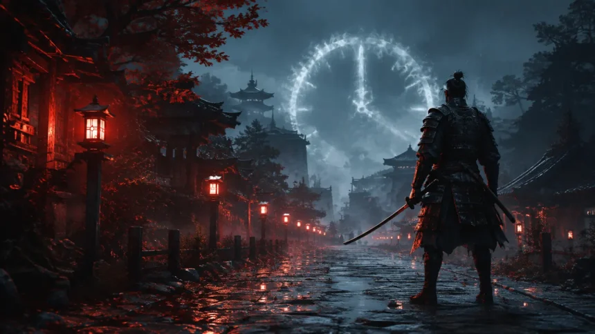 Samurai em uma rua japonesa sob chuva e lanternas, representando a duração da campanha de Onimusha Way of the Sword