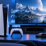 Console PS5 com controle em uma sala de jogos iluminada em azul