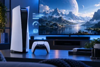 Console PS5 com controle em uma sala de jogos iluminada em azul