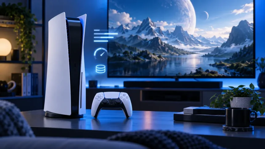 Console PS5 com controle em uma sala de jogos iluminada em azul