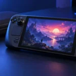 Console portátil Steam Deck com tela, controles e trackpads em uma mesa gamer