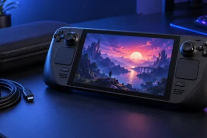 Console portátil Steam Deck com tela, controles e trackpads em uma mesa gamer
