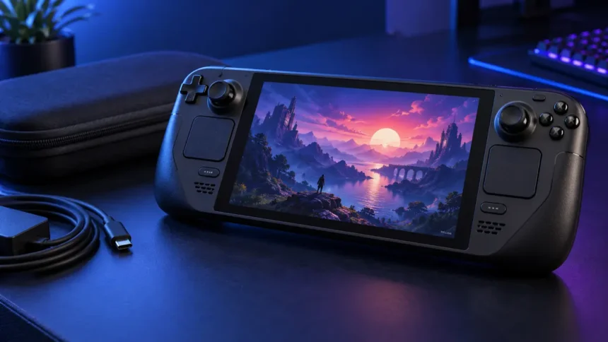 Console portátil Steam Deck com tela, controles e trackpads em uma mesa gamer
