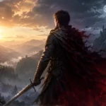 Aventureiro com espada entre o amanhecer e a noite, representando a transformação de The Blood of Dawnwalker