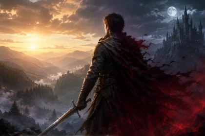 Aventureiro com espada entre o amanhecer e a noite, representando a transformação de The Blood of Dawnwalker