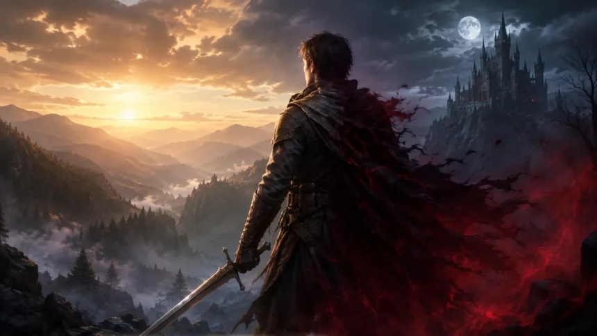 Aventureiro com espada entre o amanhecer e a noite, representando a transformação de The Blood of Dawnwalker