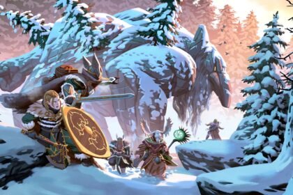 Grupo de vikings em uma floresta nevada do bioma Deep North em Valheim 1.0