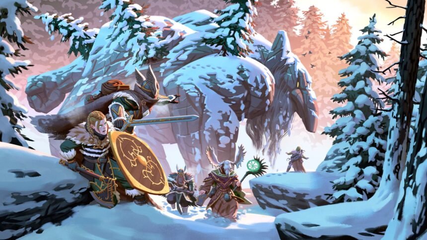Grupo de vikings em uma floresta nevada do bioma Deep North em Valheim 1.0