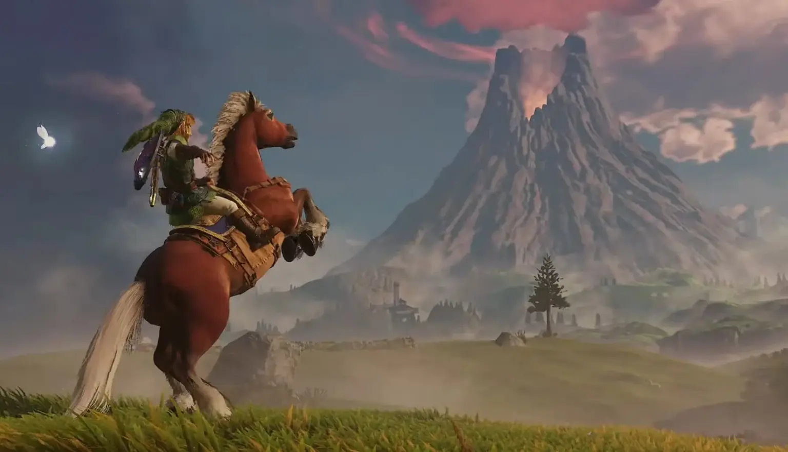 Link montado a cavalo diante de uma montanha em cena do remake de The Legend of Zelda: Ocarina of Time