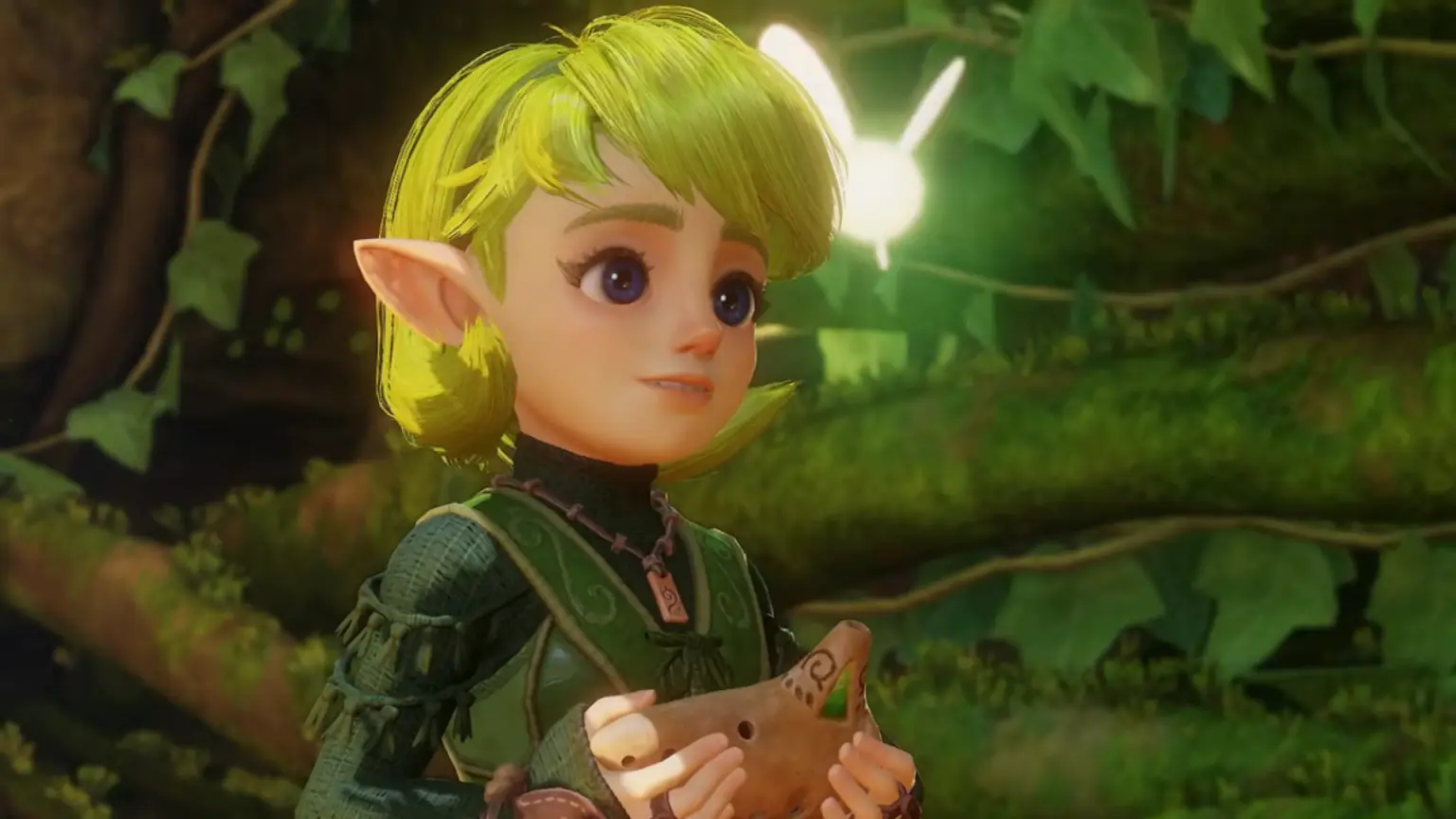Saria segurando uma ocarina em cena do remake de The Legend of Zelda: Ocarina of Time