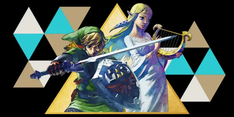 Link e princesa Zelda diante da Triforça em arte oficial de The Legend of Zelda