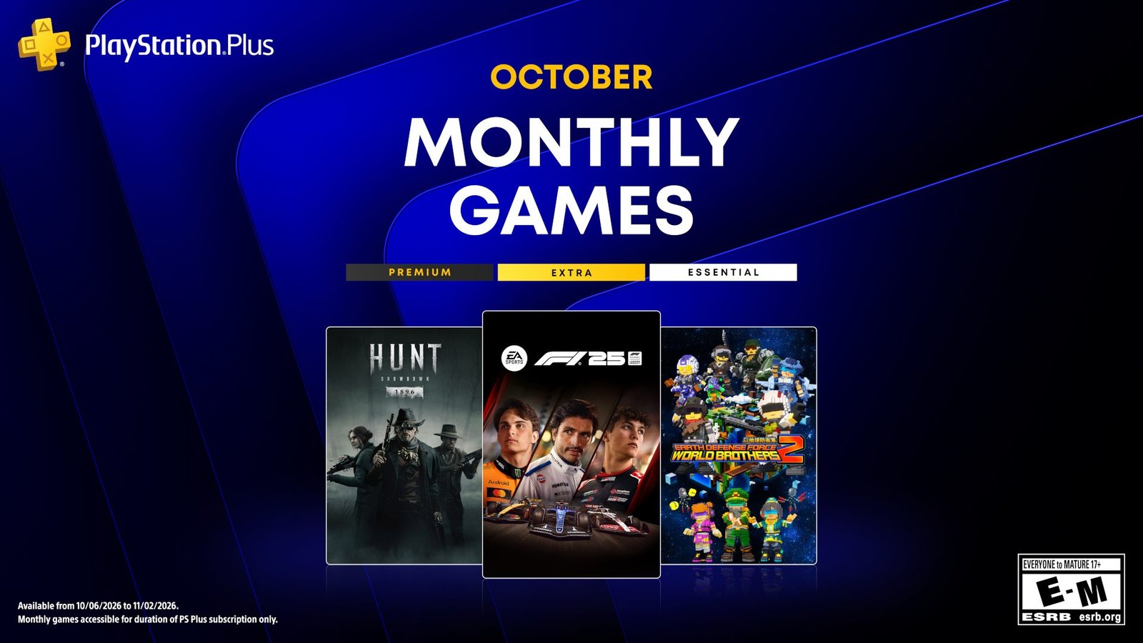 Arte oficial com F1 25, Hunt Showdown 1896 e Earth Defense Force World Brothers 2, jogos do PS Plus de outubro de 2026