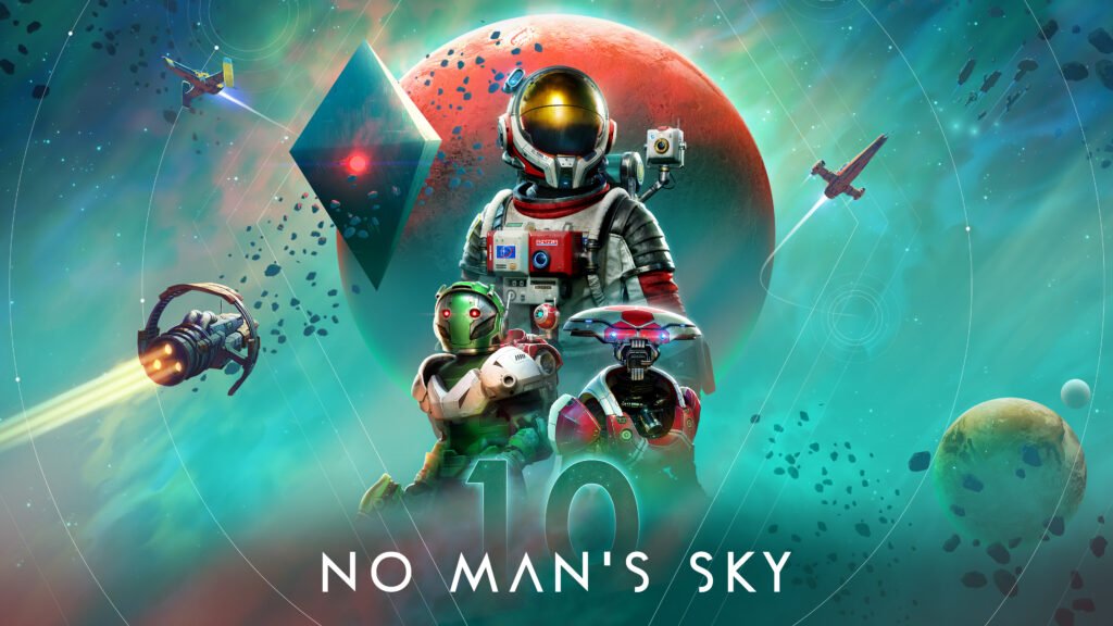 Nave espacial sobrevoando um planeta alienígena em No Man's Sky, arte oficial da Hello Games