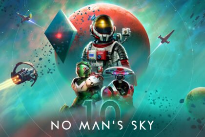 Nave espacial sobrevoando um planeta alienígena em No Man's Sky, arte oficial da Hello Games