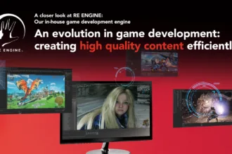 Logotipo e identidade visual do RE Engine, motor gráfico da Capcom que recebe o upgrade REX com ferramentas de IA