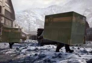 Soldiers wear cardboard boxes as they sneak across a military base.